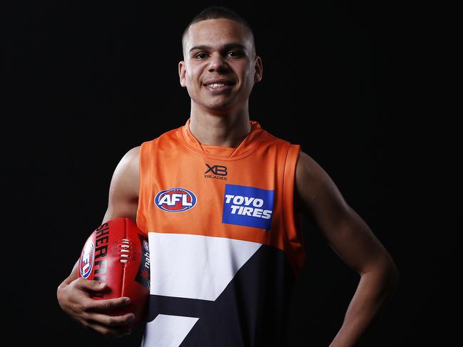 Number 24 draft pick Ian Hill of the Giants poses for a photograph during the 2018 AFL Draft at Marvel Stadium in Melbourne, Australia, Friday, November 23, 2018. (AAP Image/Daniel Pockett) NO ARCHIVING