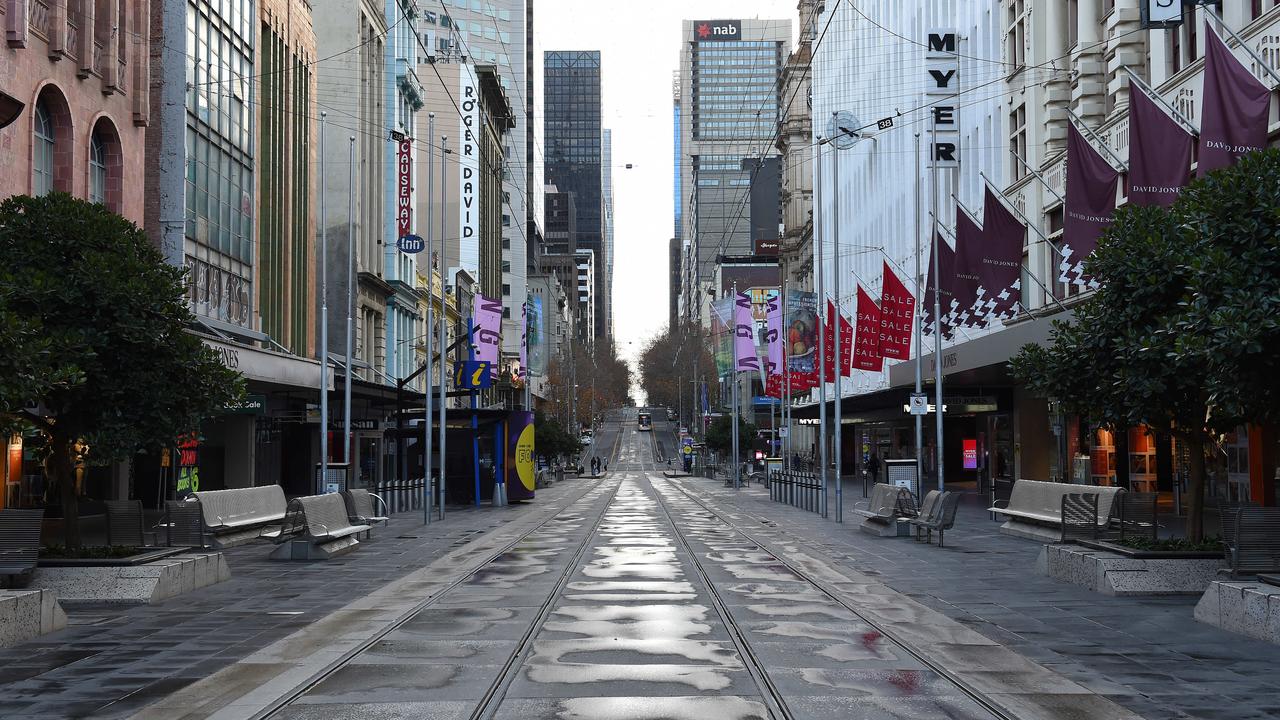 Bourke Street Mall was deserted during the state’s record-breaking lockdown. Picture: Josie Hayden