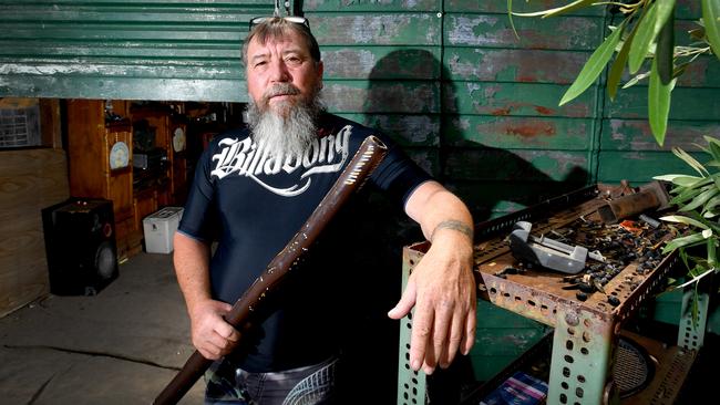 Kym Abrook became a local folk hero dubbed “Didgeridoo Man” after re-enacting his heroics for TV cameras. Picture: AAP Image/Sam Wundke