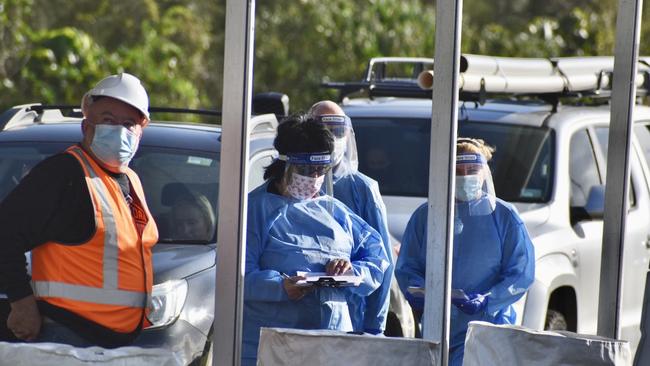 Covid testers at the Cavanbah Centre on Ewingsdale Road, in Byron Bay after the case was detected.