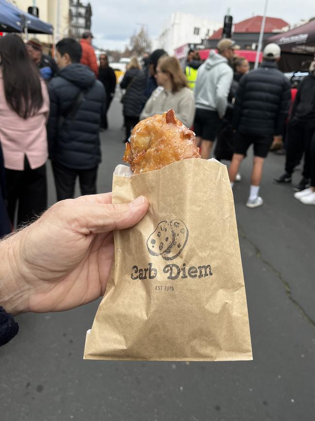 The apple and pear fritter from Carb Diem is a sweet fritter studded with apple and pear that has definite doughnut qualities. Picture: Alix Davis