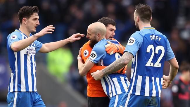 Lewis Dunk, Matthew Ryan, Bruno Saltor and Shane Duffy of Brighton and Hove Albion celebrate