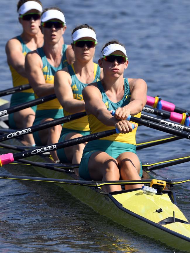 (L-R) Australia's Jessica Hall, Australia's Kerry Hore, Australia's Jennifer Cleary and Australia's Madeleine Edmunds prepare to row during the Women's Quadruple Sculls rowing competition at the Lagoa stadium during the Rio 2016 Olympic Games in Rio de Janeiro on August 6, 2016. / AFP PHOTO / Damien MEYER