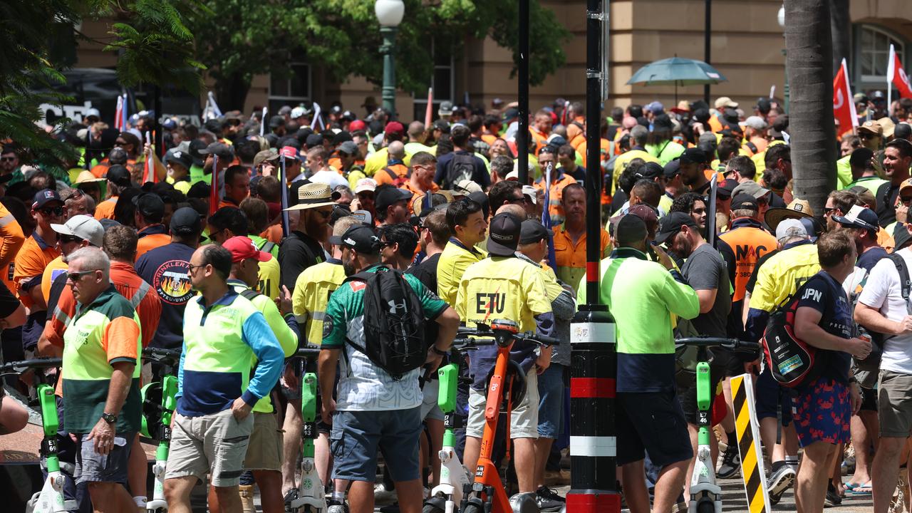 Union members gather at Queens Gardens, Brisbane. Picture: Liam Kidston