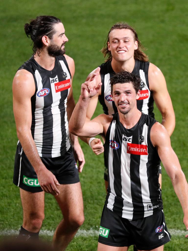 Collingwood's traditional strip. (Photo by Michael Willson/AFL Photos via Getty Images)