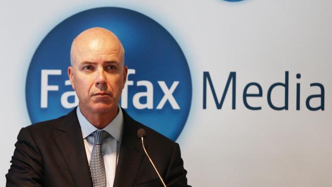 Fairfax Media CEO Greg Hywood has little to smile about as he unveils the company's interim results, in Sydney. Picture: Renee Nowytarger