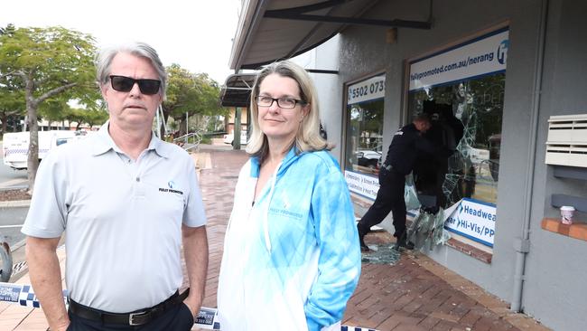 Owners Linda Sutton and Chris (last name withheld) outside their business Fully Promoted in Nerang St, Nerang after a fire caused damage. Photograph: Jason O'Brien