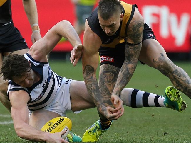 Fans would salivate at the prospect of Patrick Dangerfield and Dustin Martin going head to head all day. Picture: Wayne Ludbey