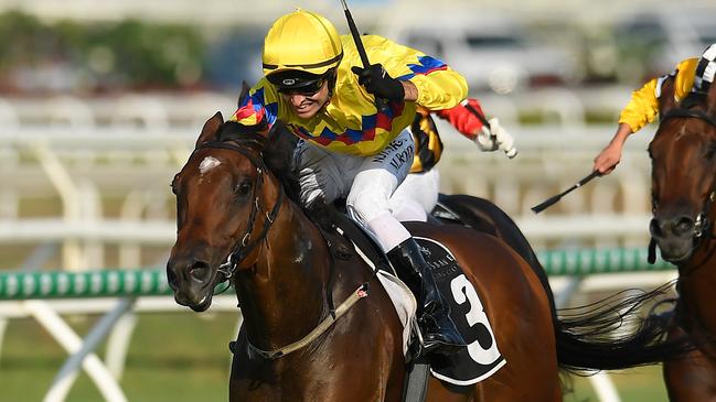 Jockey Michael Rodd stormed home on Vega One in The Gateway. Picture: AAP