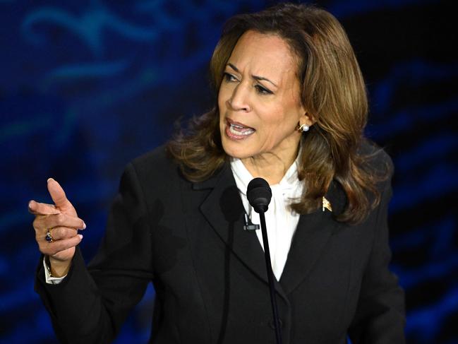 TOPSHOT - US Vice President and Democratic presidential candidate Kamala Harris speaks during a presidential debate with former US President and Republican presidential candidate Donald Trump at the National Constitution Center in Philadelphia, Pennsylvania, on September 10, 2024. (Photo by SAUL LOEB / AFP)