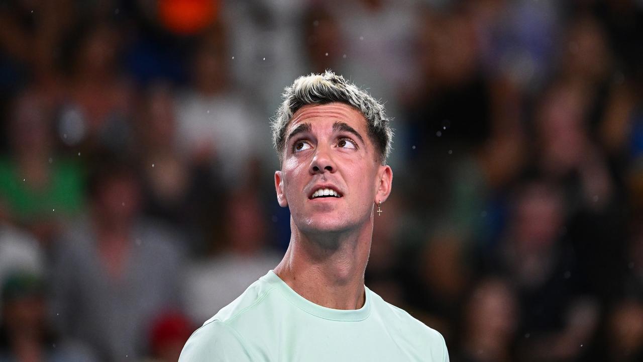 Kokkinakis looks as rain falls on Kia Arena. Picture: Quinn Rooney/Getty Images