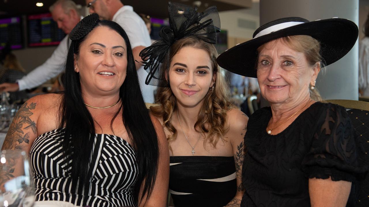 Hayley Morrison, Tiani Rykers and Sandy Enniss at the 2024 Darwin Cup Carnival Derby Day. Picture: Pema Tamang Pakhrin