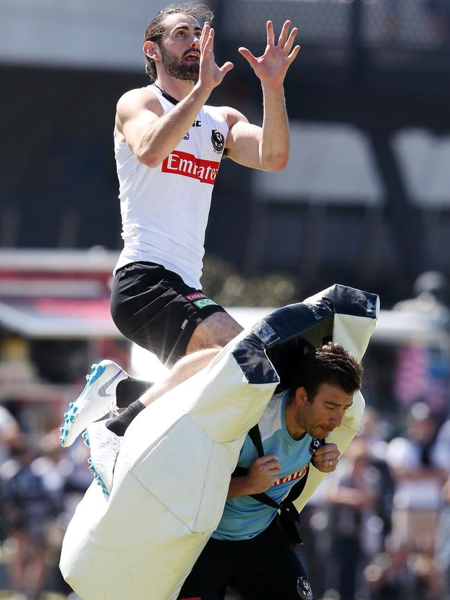 Brodie Grundy on the high marking bag. Picture: Michael Klein