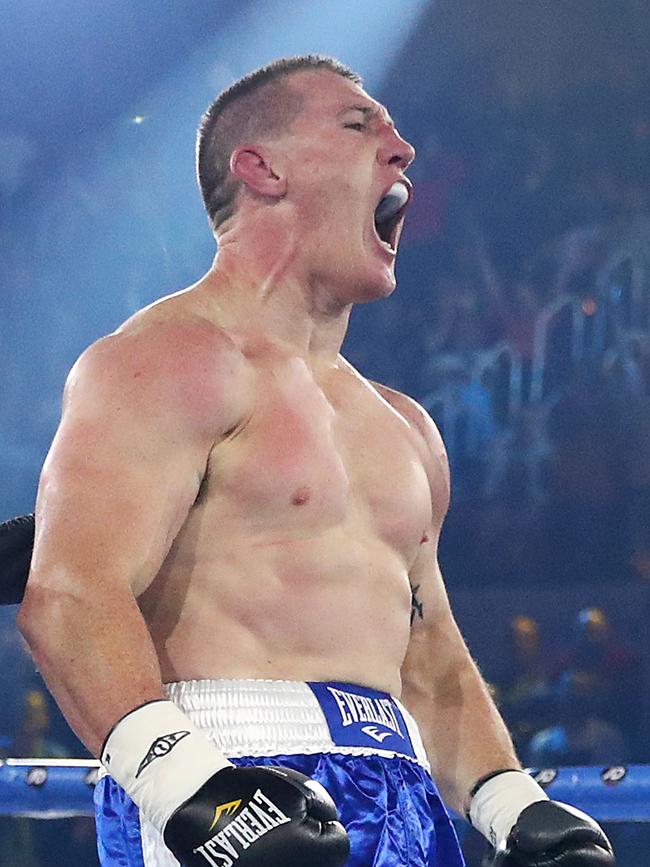 Paul Gallen celebrates defeating Lucas Browne by TKO. Picture: Mark Metcalfe/Getty Images