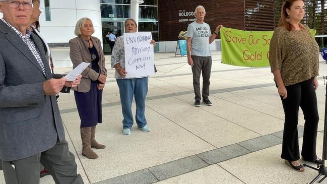 Gold Coast community leaders outside the Evandale Chambers at a full council meeting. They were raising issues of closed meetings, City Plan and sewer leak.