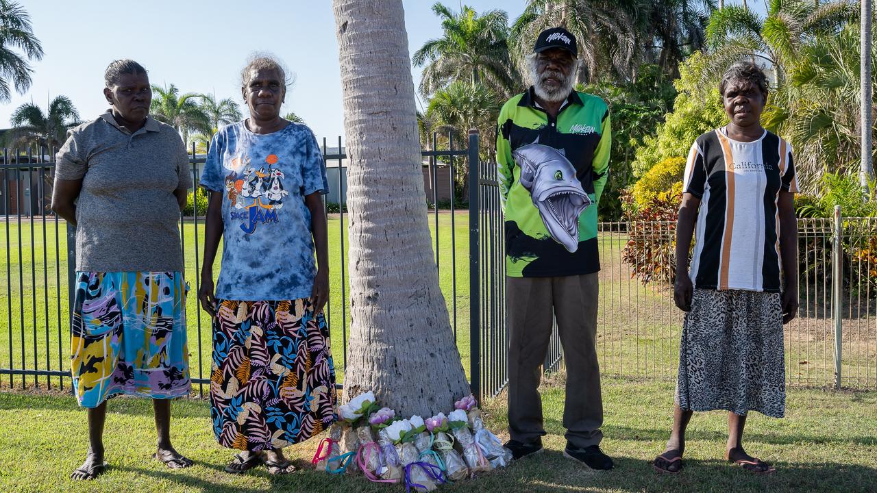 Karen Nardol, left, Ngeygo’s older sister Edna Midjarda, her father Tommy Madjalgaidj and her sister-cousin Agatina Bangalang at a ceremony at Mindil Beach, where on December 23 2019 Ngeygo Ragurrk was killed by her partner Garsek Nawirridj. Picture: Pema Tamang Pakhrin