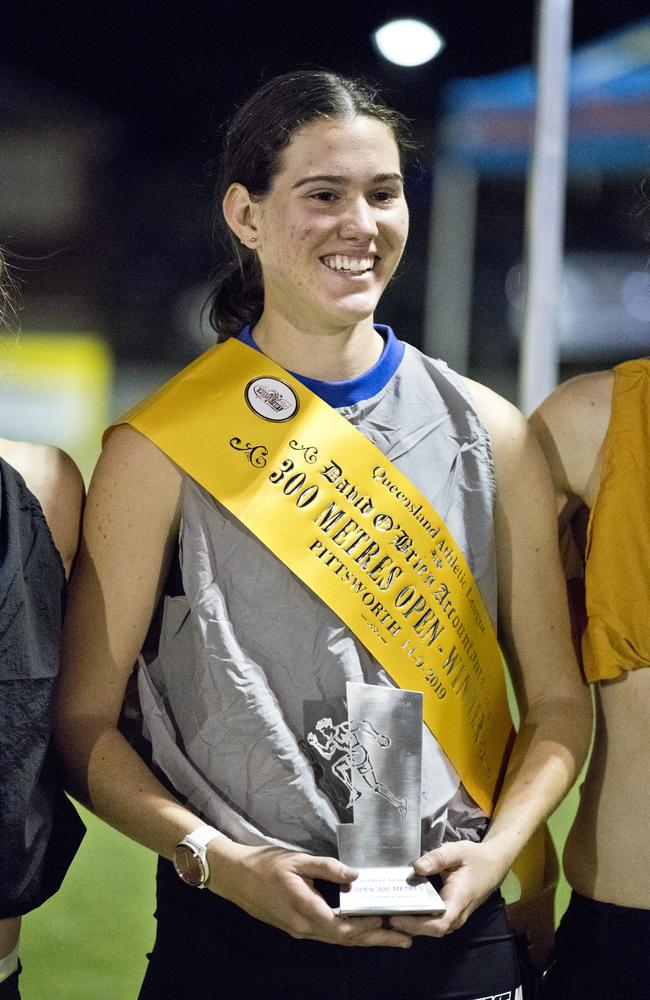 Madison Wells wins the 300 metres Open. Arthur Postle Gift at Pittsworth. Saturday, 14th Sep, 2019.