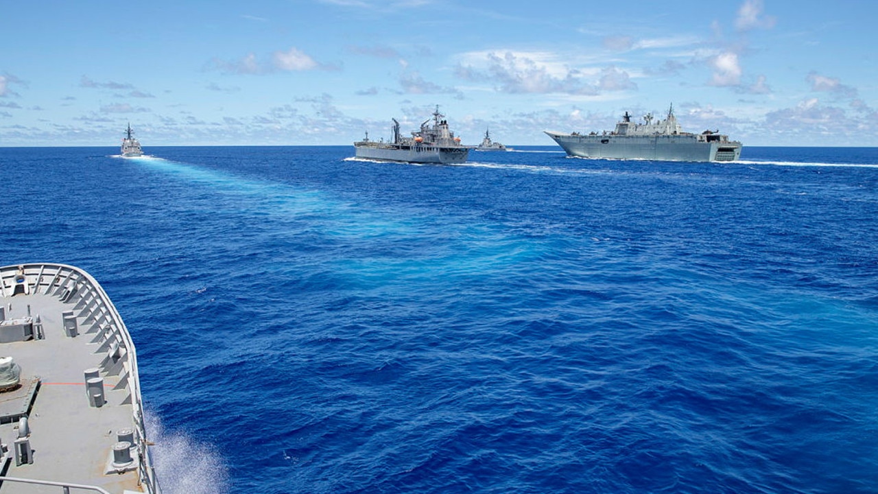 Ships from the Royal Australian Navy, United States navy and Japan Maritime Self-Defense Force sail in company through the Philippine Sea during the Regional Presence Deployment 2020. Picture: Australia Department of Defence.