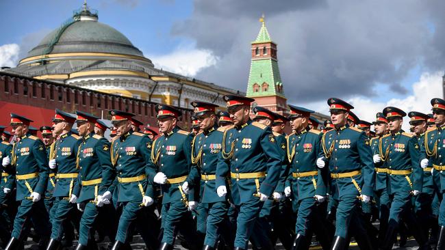 Russian servicemen march on Red Square during the Victory Day military parade. Picture: Alexander Nemenov / AFP