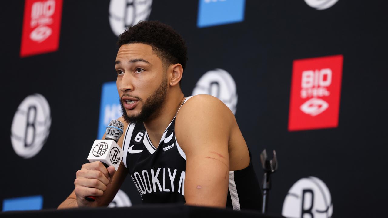 NEW YORK, NEW YORK - SEPTEMBER 26: Ben Simmons #10 of the Brooklyn Nets speaks at the podium during a press conference at Brooklyn Nets Media Day at HSS Training Center on September 26, 2022 in the Brooklyn borough of New York City. NOTE TO USER: User expressly acknowledges and agrees that, by downloading and/or using this photograph, User is consenting to the terms and conditions of the Getty Images License Agreement. (Photo by Dustin Satloff/Getty Images)