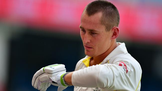 Australian Marnus Labuschagne leaves the pitch after being dismissed by Pakistan’s Yasir Shah.