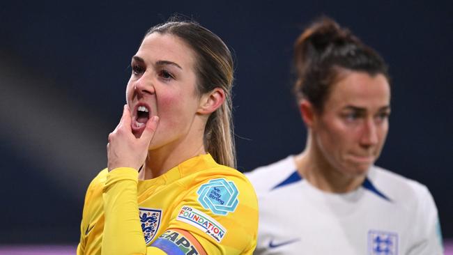 England stars Mary Earps and Lucy Bronze react after thrashing Scotland but missing out on the Olympics. (Photo by Stu Forster/Getty Images)