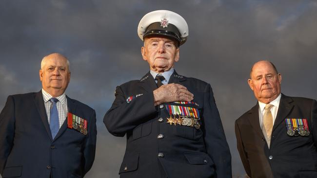 East Timor veteran Bob Richards (left), WWII vet Ernest Baddeley and Vietnam vet Noel McLean. Picture: David Geraghty