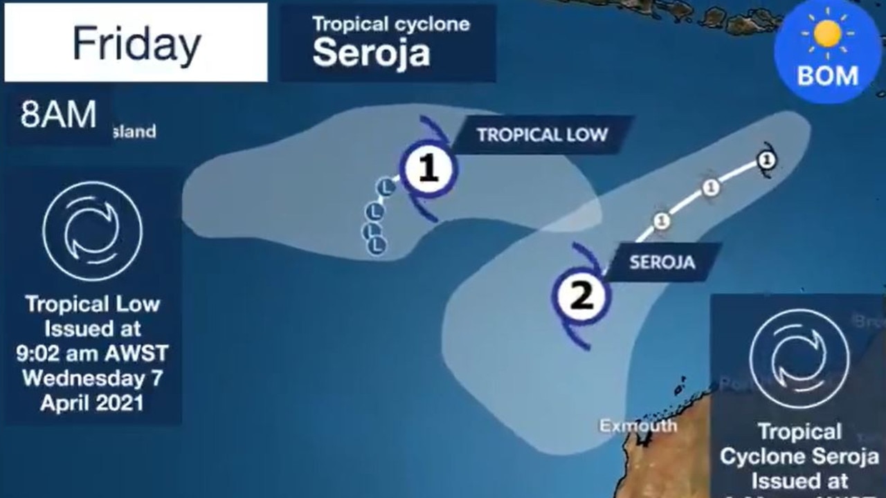 As the weaker low nears Seroja the Fujiwhara Effect could occur where the systems begin to circle one another. Seroja could even absorb the other low. Picture: BOM