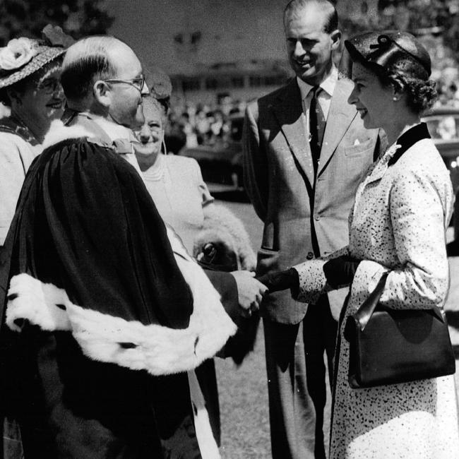 Queen Elizabeth II meets Launceston Mayor Mr Pitt at York Park, in 1954. Picture: Courtesy of the Mercury archive.