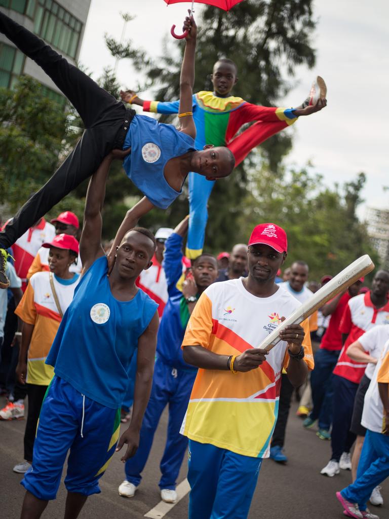 The Queen’s Baton was carried by athletes, sports association members, politicians and dignitaries, in a walking relay through the streets in Kigali, Rwanda, on 24 March 2017.