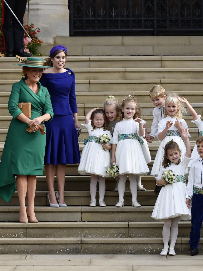 Sarah Ferguson and Princess Beatrice with the bridesmaids and page boys at the end. Picture: AP