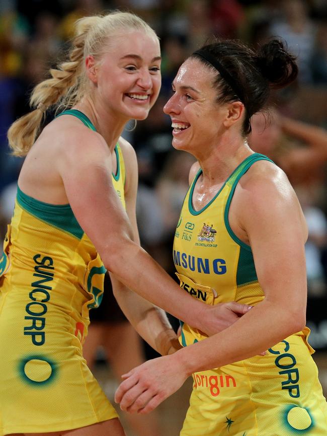 Jo Weston (left) and Ash Brazill celebrate a Diamonds win.