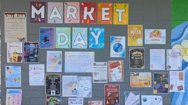 Some of the flyers produced by students during Larrakeyah Primary School’s Business Enterprise Marketing Day on Thursday, May 22.