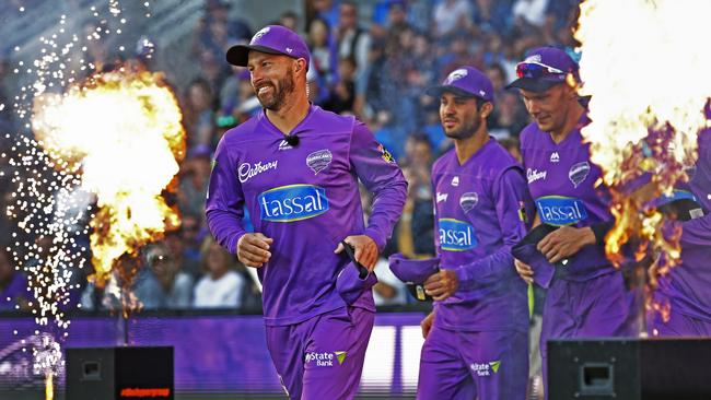 BBL09 elimination final between the Hobart Hurricanes v Sydney Thunder from Blundstone Arena, Hobart. Hurricanes Matthew Wade leads the team out to field. Picture: Zak Simmonds