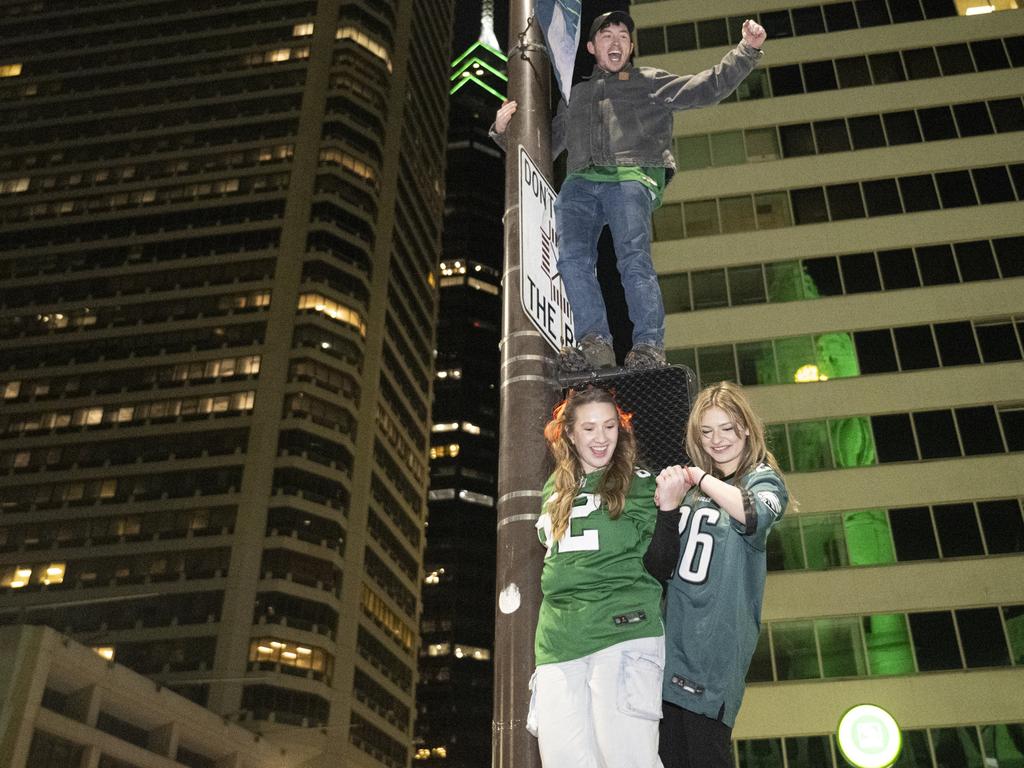 Philadelphia Eagles fans celebrate in Philadelphia after the team defeated the Washington Commanders in the NFC Championship NFL football game Sunday, Jan 26, 2025. (Jose F. Moreno/The Philadelphia Inquirer via AP)