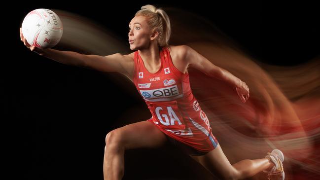 GOLD COAST, AUSTRALIA - FEBRUARY 22:  Helen Housby poses during the Swifts Super Netball 2023 headshots session at the Gold Coast Leisure Centre on February 22, 2023 in Gold Coast, Australia. (Photo by Matt King/Getty Images for Netball Australia