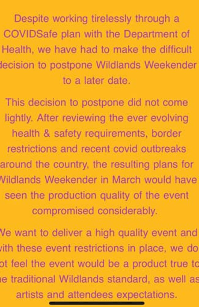 Organiser's email about the postponement of the Wildlands Weekender festival