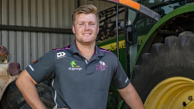 Reds rugby prop Harry Hoopert on the family grain farm at Jondaryan. Picture: Brendan Hertel, QRU
