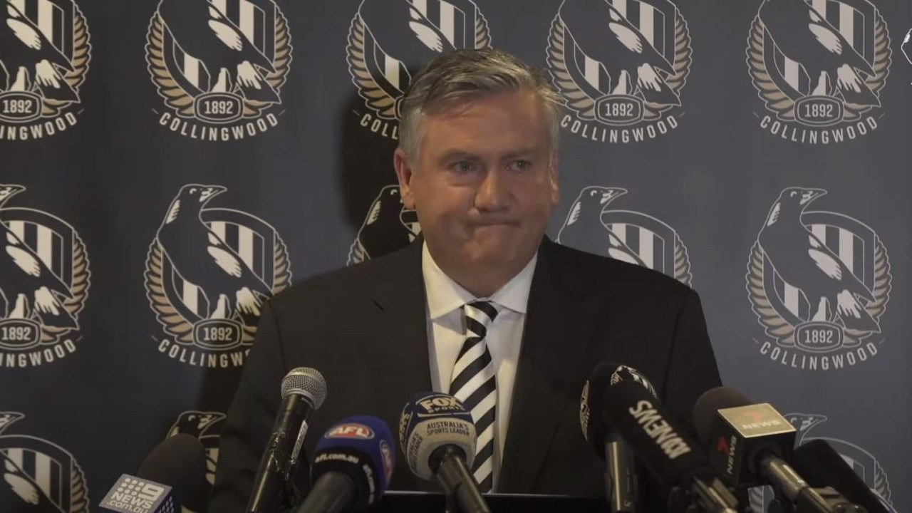 Eddie McGuire held an emotional press conference for his resignation. Picture: Collingwood FC