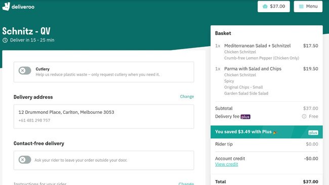 Deliveroo's new zero contact option. Picture: Supplied