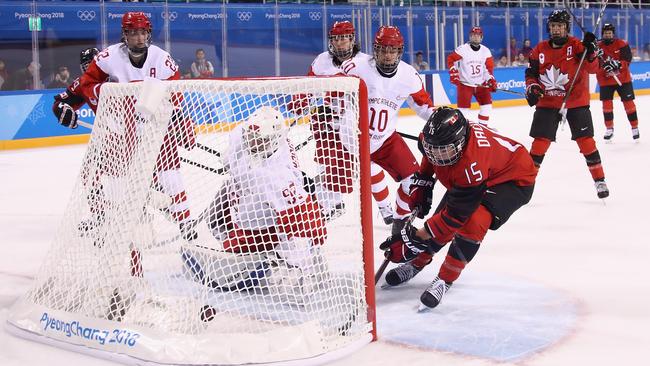 Melodie Daoust, No.15, scores a goal against Nadezhda Morozova. Picture: Getty