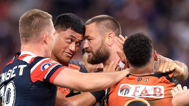 Jared Waerea-Hargreaves (centre) was reportedly baited into his actions against the Wests Tigers. Photo: NRL PHOTOS