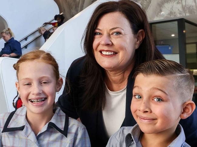 NEWS ADVWoodcroft College principal Shannon Warren with students Phoenix Cutajar 6yr and Jana Nel 9Woodcroft College opened a new junior campus 12 months ago to address overcrowding issues. -Image/Russell Millard Photography