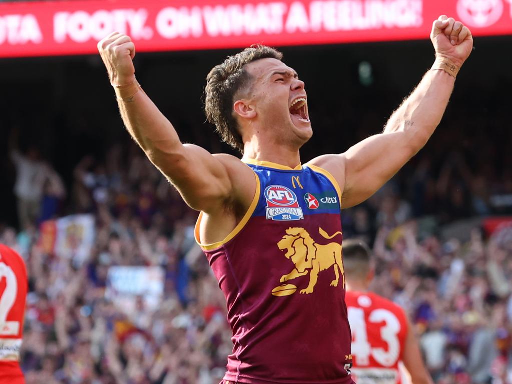 Cam Rayner celebrates a goal during the Grand Final. Picture Lachie Millard