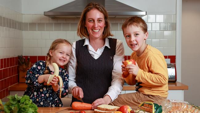 Briony Cunningham’s kids Alice, 2, and Oliver, 5 have changed their tastes since healthy foods were introduced at school. Picture: Justin Lloyd