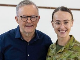 Prime Minister Anthony Albanese met with ADF personnel and diplomats at Camp Baird at the Al Minhad Air Base in the United Arab Emirates. Mr Albanese his partner Jodie Haydon laid a wreath at the Camp Baird memorial and later shared breakfast with the troops. Picture: Supplied--