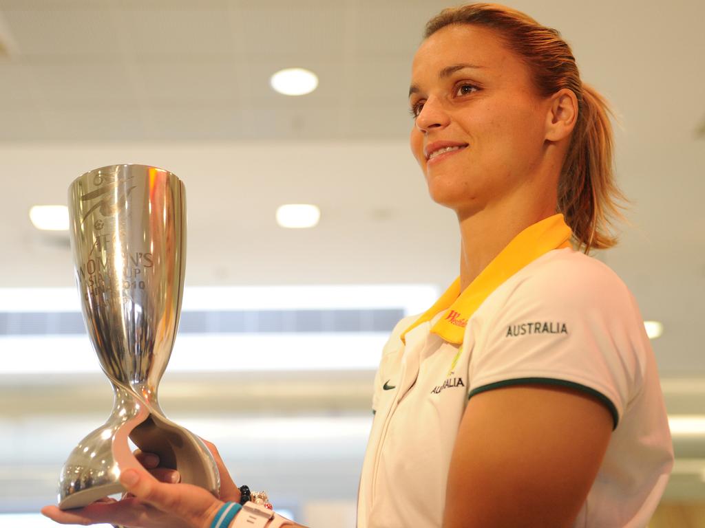 Then-Matildas captain Melissa Barbieri with the Asian Cup in 2010 - the Matildas’ most recent major trophy. Picture: Dean Lewins/AAP Image