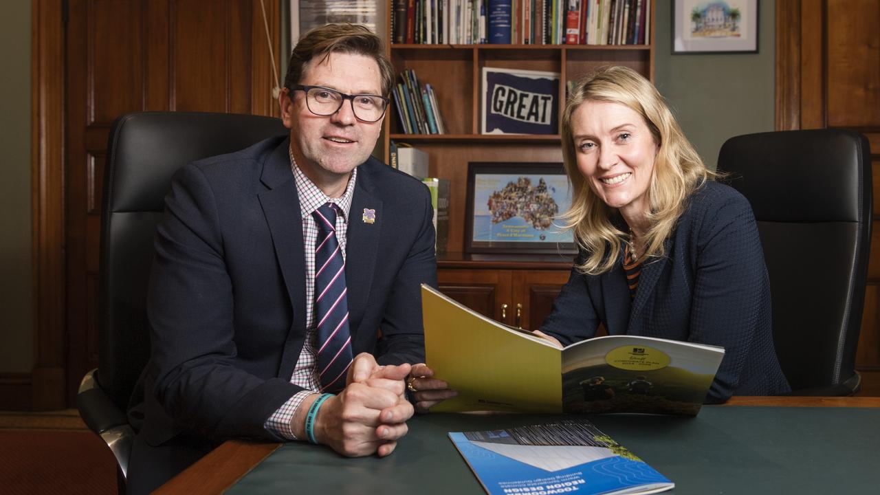 Toowoomba Regional Council Mayor Geoff McDonald and Deputy Mayor Rebecca Vonhoff discuss council under their leadership, Thursday, August 10, 2023. Picture: Kevin Farmer