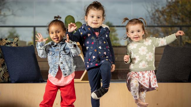 Woodville Little Learners Aaliyah, Layla and Eva practise their yoga moves in the Yoga Room at Woodville Little Learners Childcare Centre, Woodville South, SA. Picture: Emma Brasier