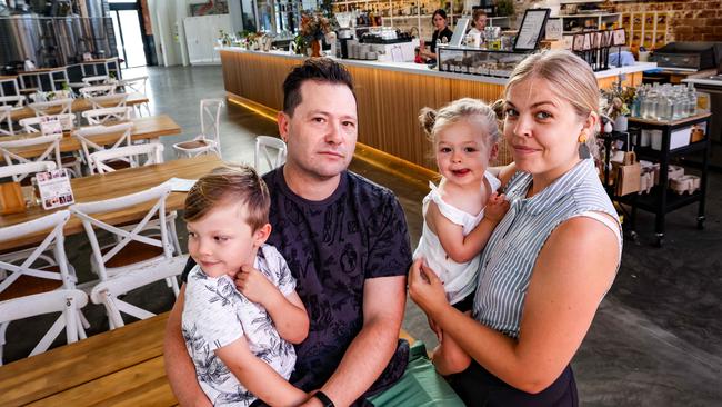 Fabian Folghera, wife Halie and children, Jasper, 4, and Lilah 2, at Little Banksia Tree in Plant 3 Bowden, which closed its doors earlier this year. Picture: Russell Millard Photography